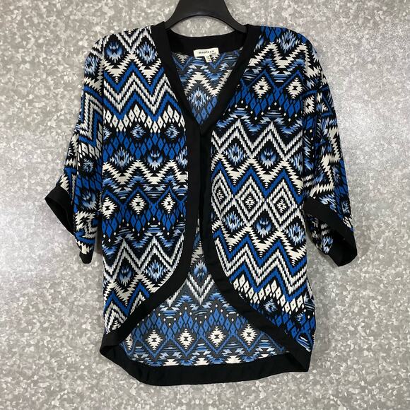 Monteau Blue & Black Aztec Print Lightweight Cardigan - Size Medium - Kimono Top - Picture 1 of 6